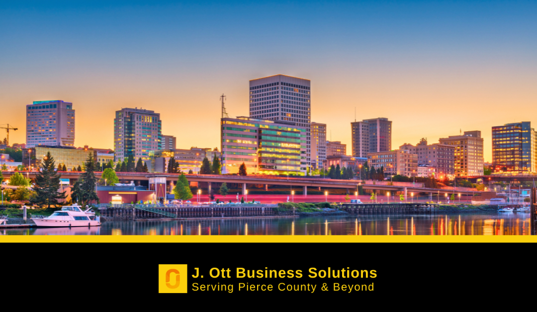 The Tacoma waterfront and skyline at sunset.